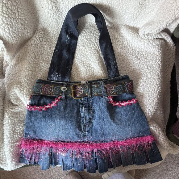 Handbags - Handmade Upcycled Denim Shoulder Bag | Fringe & Floral Belt Detail